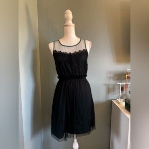 MOD CLOTH retro Lace overlay  & accordion Chiffon Sleeveless Dress black teal